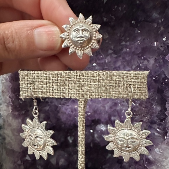 Jewelry - Vintage Sterling Silver Sun Face Earrings & Matching Ring, boho, hippie, ethnic